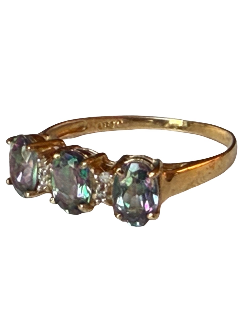 10K Gold Mystic Topaz Diamond Ring Size 7 Three Stone Early 2000s